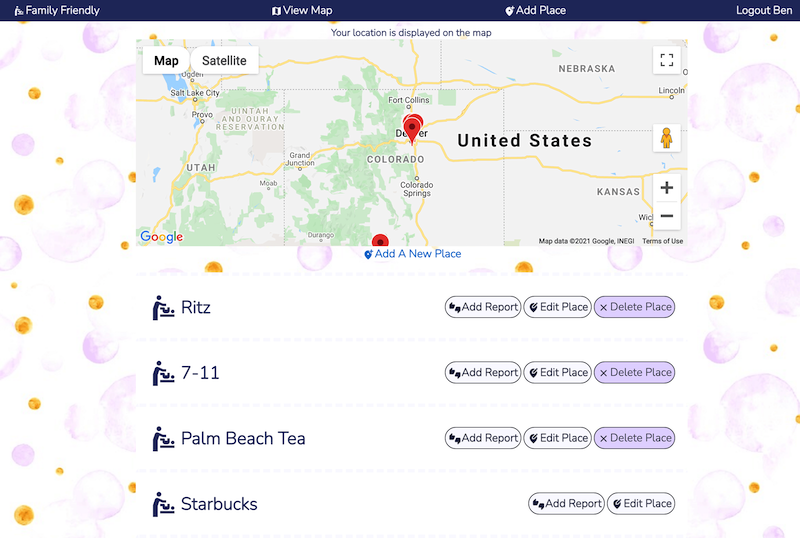 Screenshot of FamilyFriendly desktop app showing logged-in Google OAuth view with map
