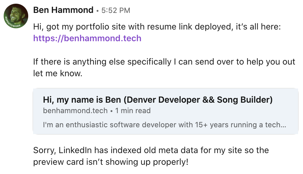 Screenshot of LinkedIn site card showing correctly updated metadata