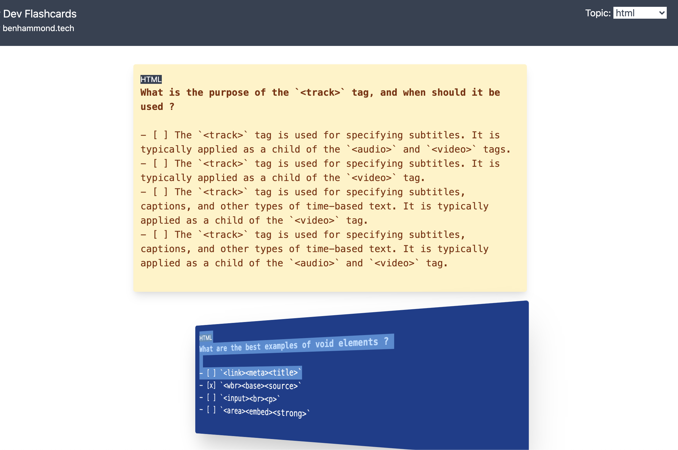 Screenshot of Jr Dev Flashcards desktop app showing flashcard interface