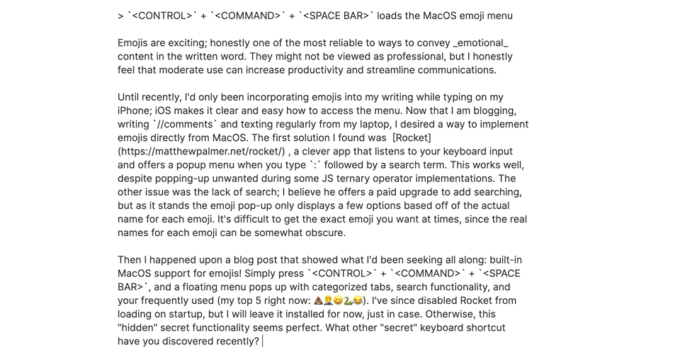Animated screenshot showing macOS emoji menu opening with the keyboard shortcut