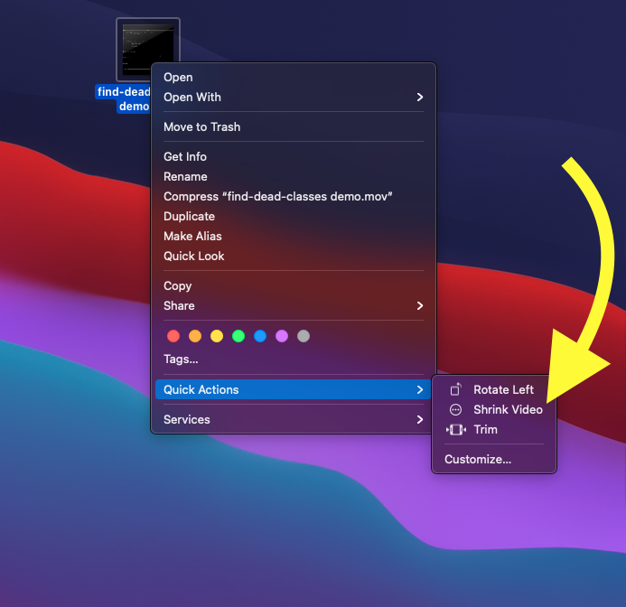 Screenshot showing the Shrink Video option appearing in Mac right-click Quick Actions menu