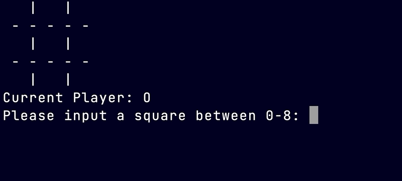 Screen grab of command line game play showing Snake_Tac_Toe