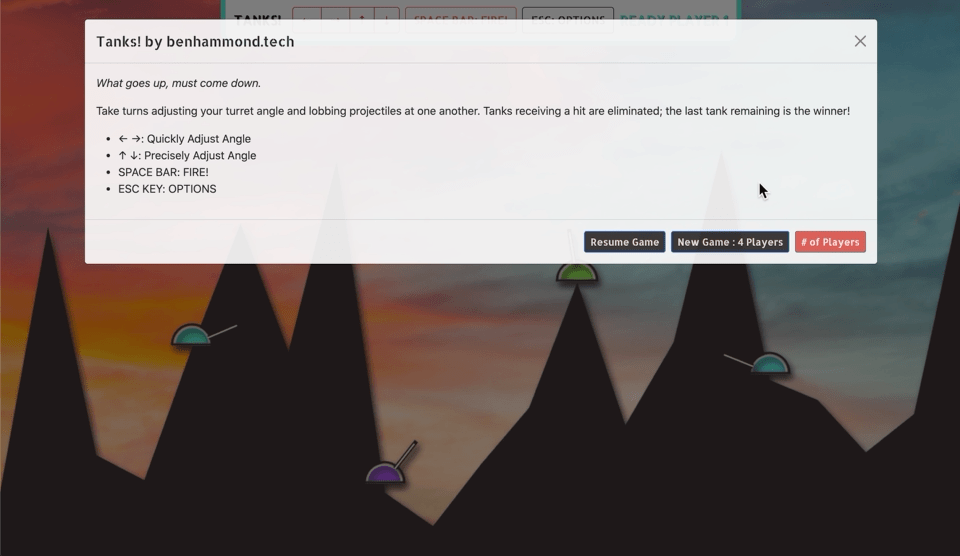 Screen recording of Tanks! gameplay showing tanks shooting at each other on generated terrain